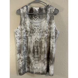 Chicos Sequin Snakeskin Print Tank Top Womens 2 Grey White Sleeveless Blouse